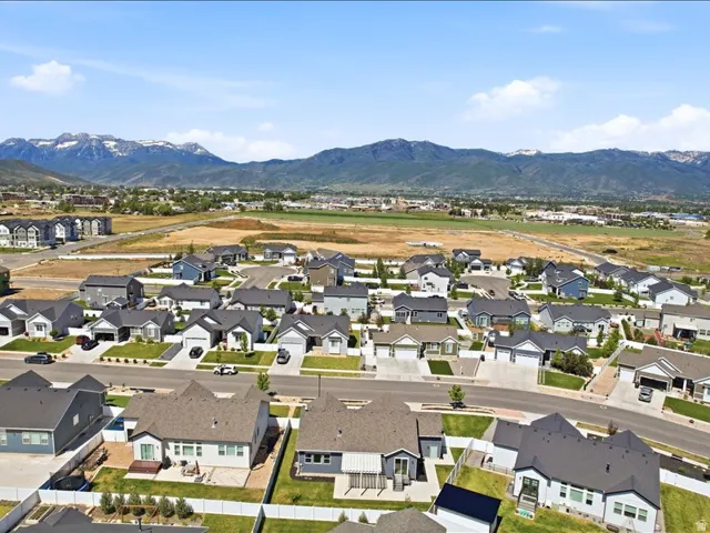 Aerial perspective showcasing a residential community with varied architectural styles