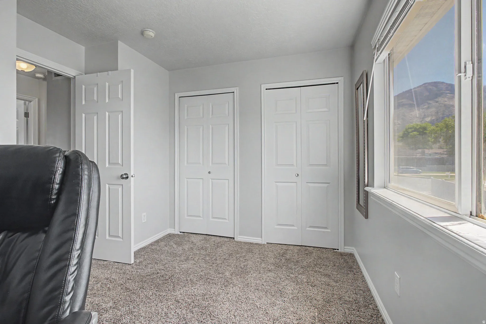 Carpeted room featuring a large window with mountain scenery, two white bi-fold closet doors, and light gray painted walls