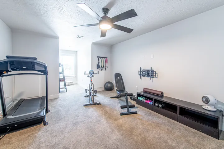 Carpeted room featuring a ceiling fan, base molding, light-toned walls, and a window providing natural light