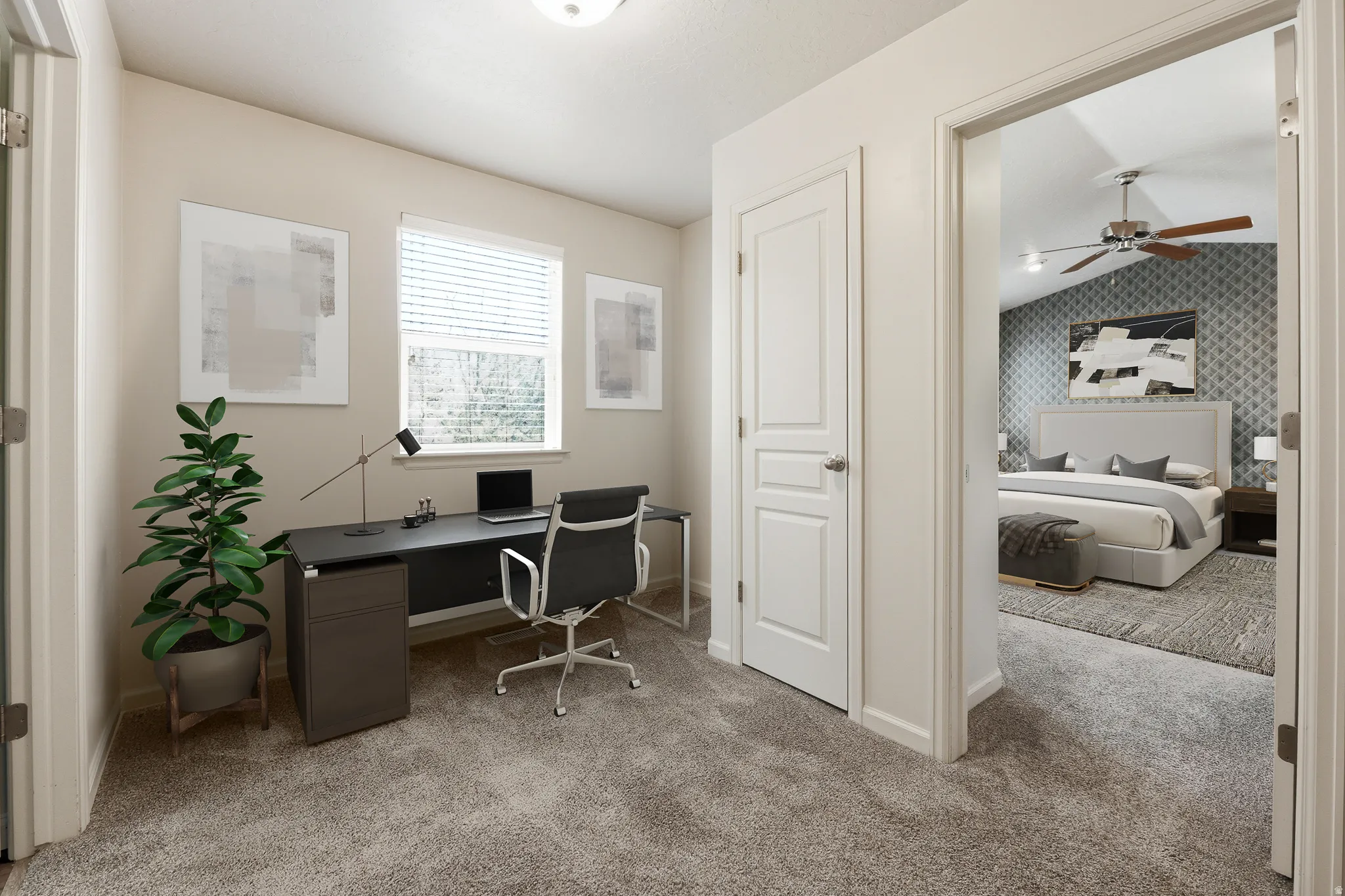 Versatile room featuring a window with blinds, neutral wall tones, and plush carpeting