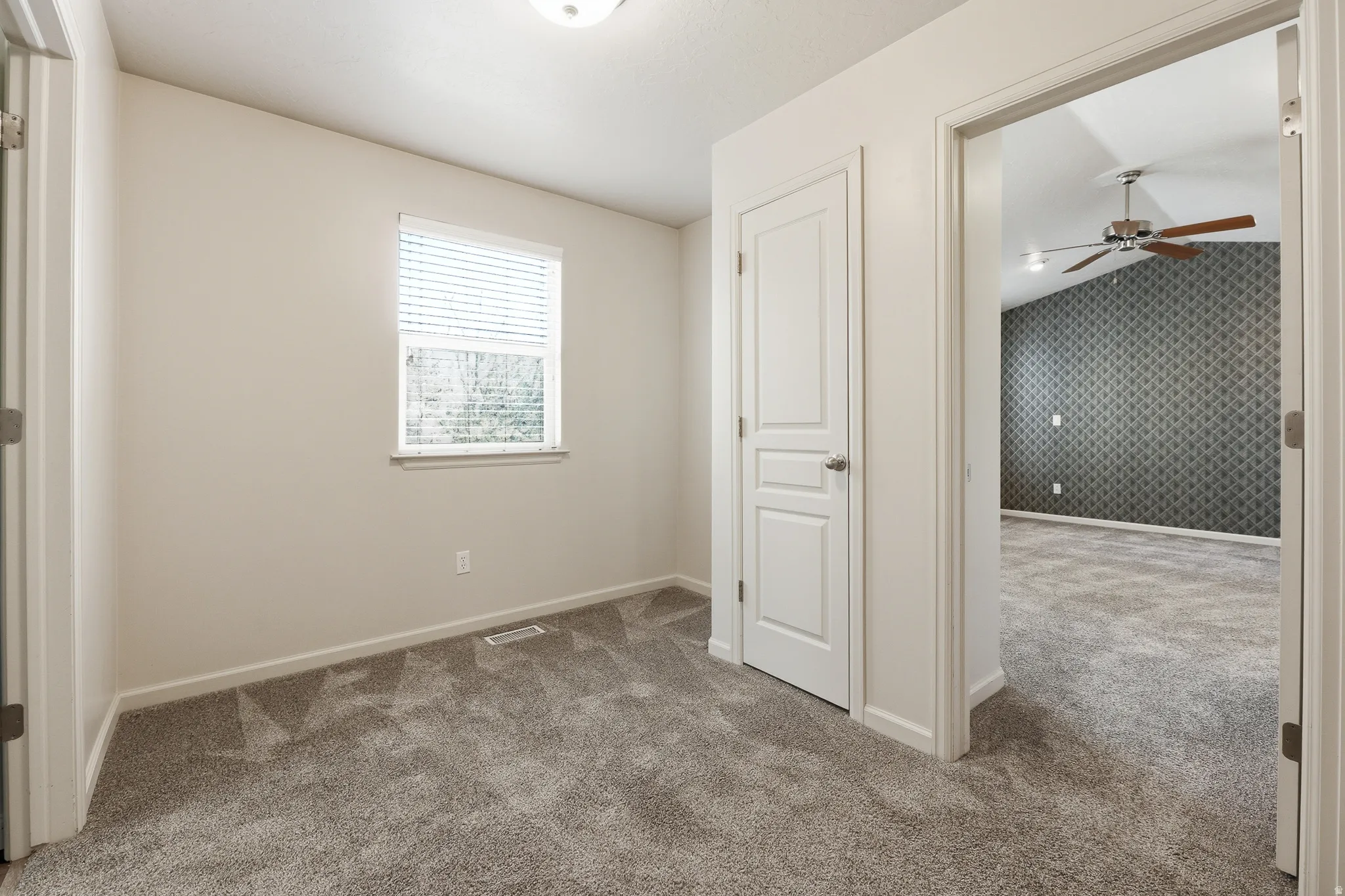 Neutral-toned room featuring a single window with blinds, light gray wall-to-wall carpeting, and a white paneled door