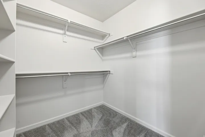 Walk-in closet featuring built-in shelving, multiple hanging rods, white walls, white trim, and patterned grey carpeting