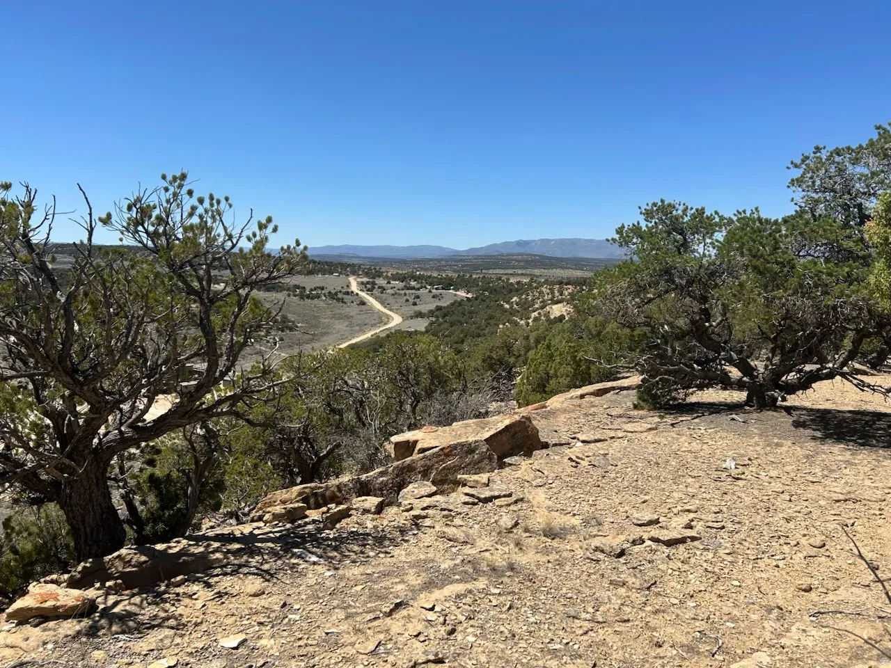 Expansive natural terrain featuring a winding dirt road and distant mountains under a clear sky