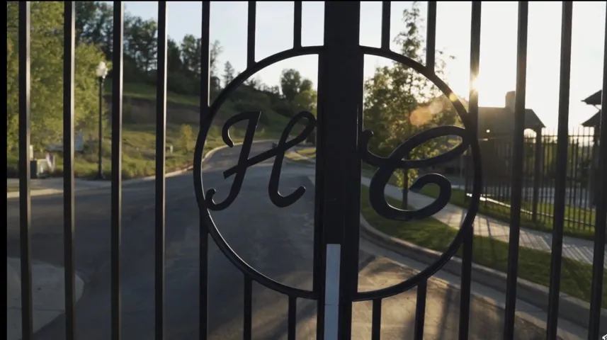 Black wrought iron security gate featuring custom scrollwork and a circular emblem