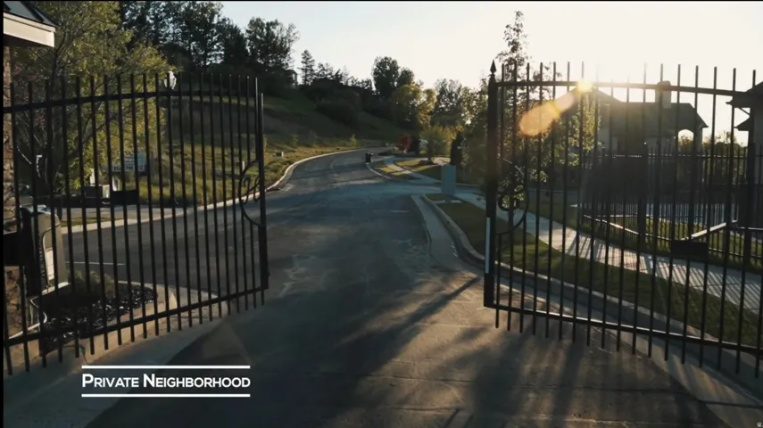 Wrought iron entry gates open to a paved private drive, bordered by manicured landscaping and mature trees