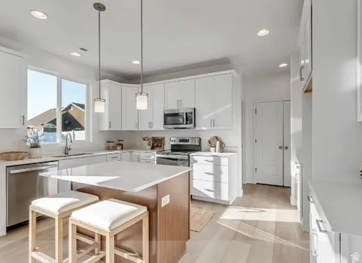 Bright kitchen featuring white cabinetry, stainless steel appliances, a white quartz island with wood-finish paneling, recessed lighting, and wood-finish flooring. This picture is of another home.
