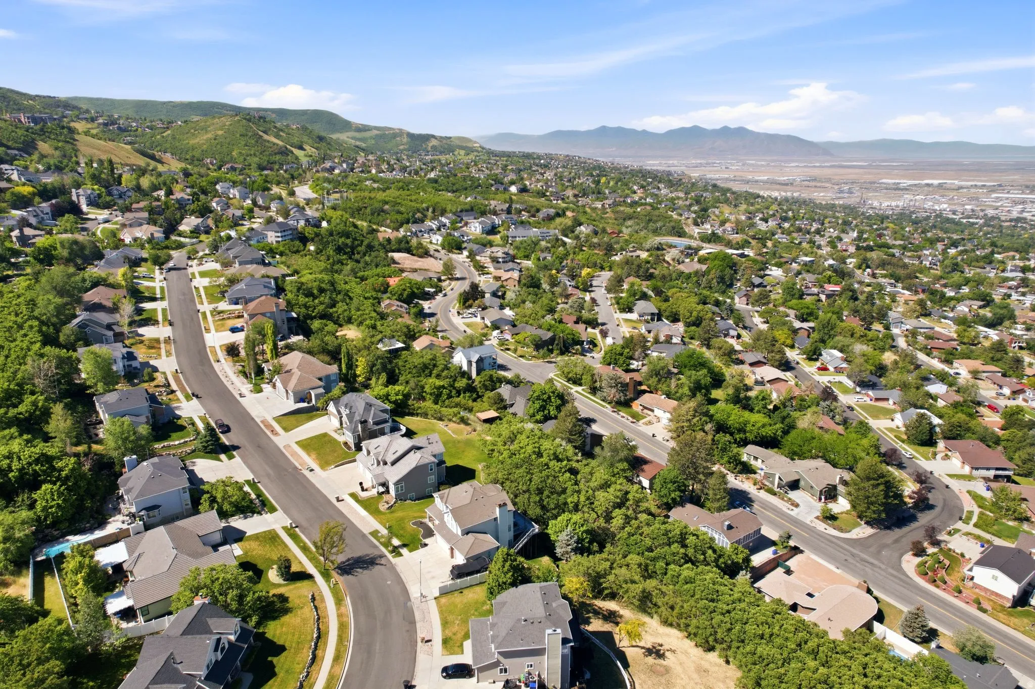 Aerial perspective showcasing a residential area with varied home designs, mature trees, and a mountainous backdrop