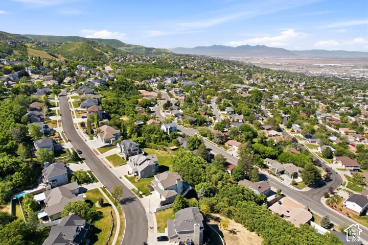 Aerial perspective showcasing a residential area with varied home designs, mature trees, and a mountainous backdrop