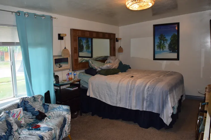 Carpeted bedroom featuring a window with blinds, a wall-mounted light fixture, and a decorative ceiling light