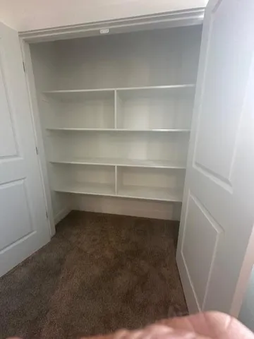 Built-in closet shelving system with white finishes and a brown carpeted floor