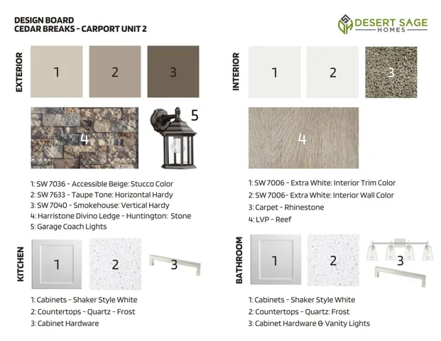 Design Board. Presenting material and finish selections for the property's exterior, interior, kitchen, and bathroom components