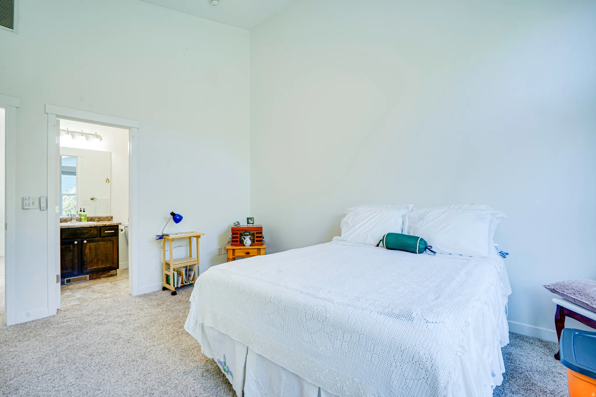 Carpeted sleeping area featuring a vaulted ceiling and direct access to a private bath