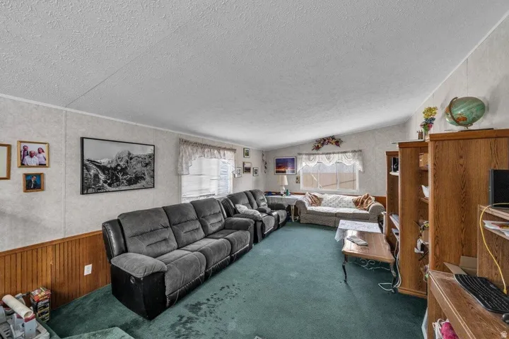 Living room featuring wood paneling, wall-to-wall carpeting, multiple windows with valances, and ceiling trim