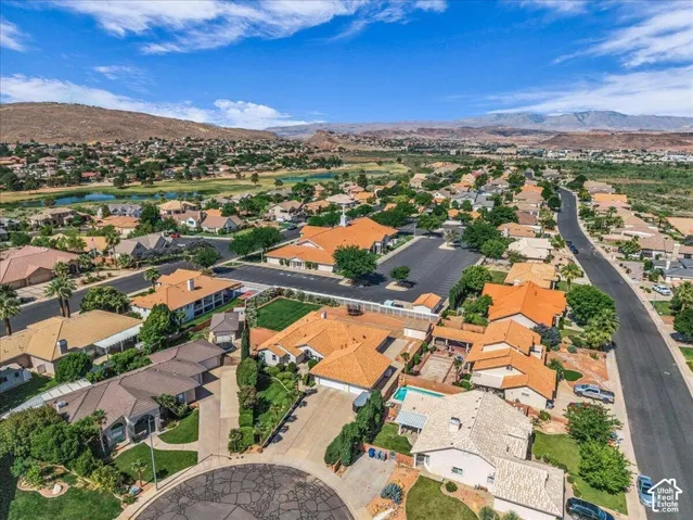 Aerial perspective showcasing a residential community with varied architectural styles