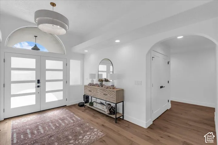 Entryway featuring double doors with frosted glass panels, a semicircular transom window, and a modern drum pendant light