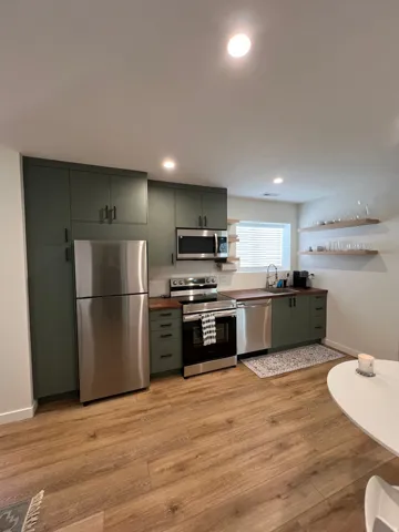 Contemporary kitchen featuring matte green cabinetry, stainless steel appliances, wood-finish countertops, and recessed lighting