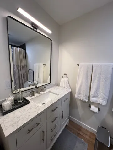Bathroom vanity featuring a rectangular undermount sink, quartz countertop, and light gray cabinetry with brushed nickel hardware