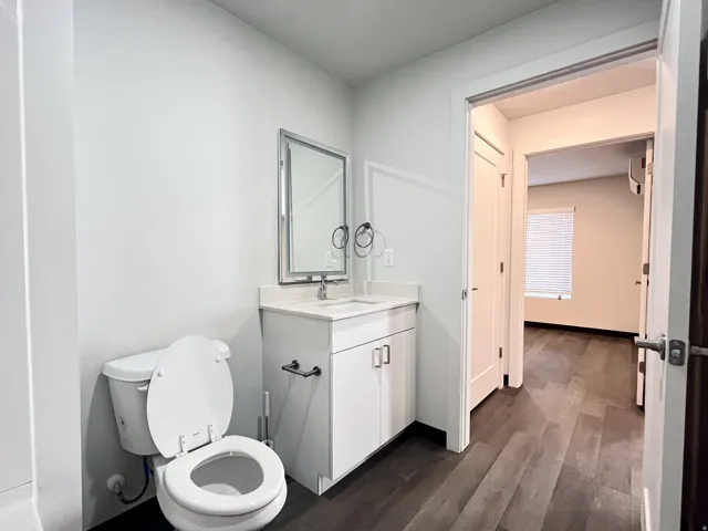 Bathroom featuring a white vanity with a light-toned countertop, a framed mirror, and wood-finish flooring