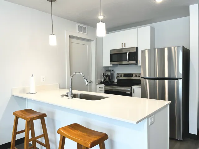 Kitchen island with a stainless steel sink and a gooseneck faucet