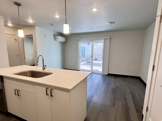 Kitchen island with an undermount sink and a gooseneck faucet