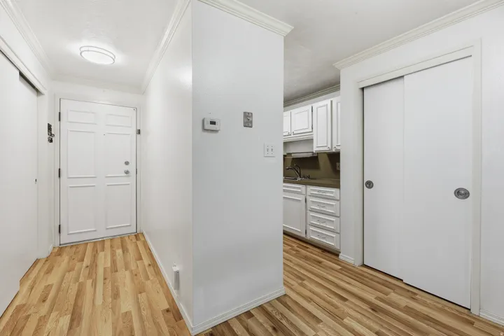 Entryway featuring wood-finish flooring and a paneled white door