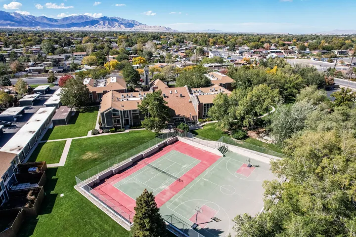 Expansive outdoor recreational area featuring a multi-sport court with basketball hoops and tennis lines, surrounded by manicured lawns and mature trees