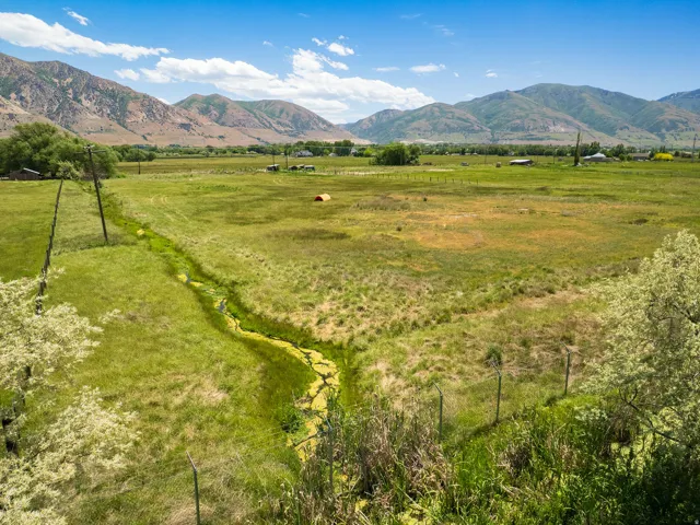 Expansive green field featuring a winding natural water feature, bordered by distant mountains