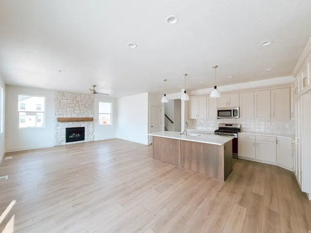 Open-concept living space with wood-finish flooring