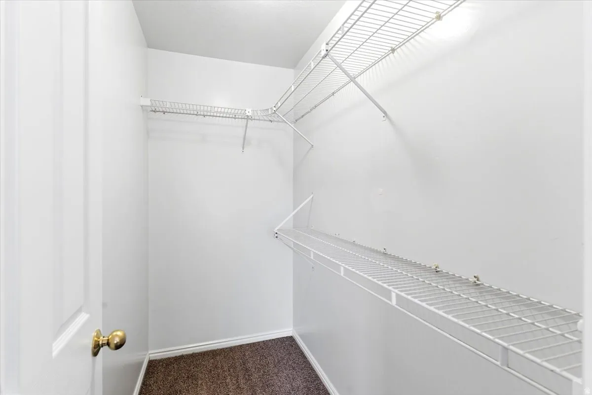 Primary Walk-in closet featuring white wire shelving, white walls, and dark carpet flooring