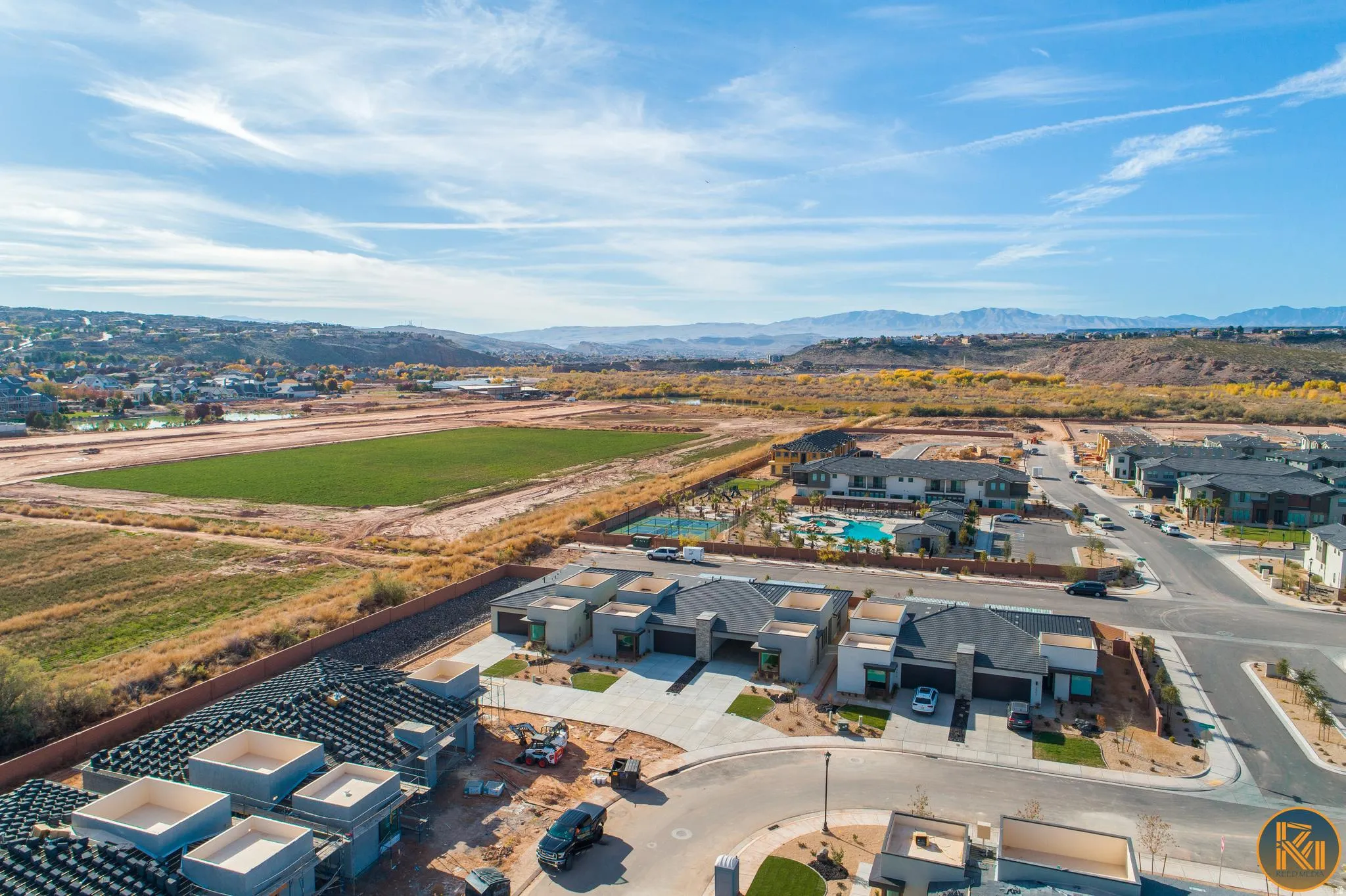 Aerial perspective showcasing a developing residential area with contemporary architecture