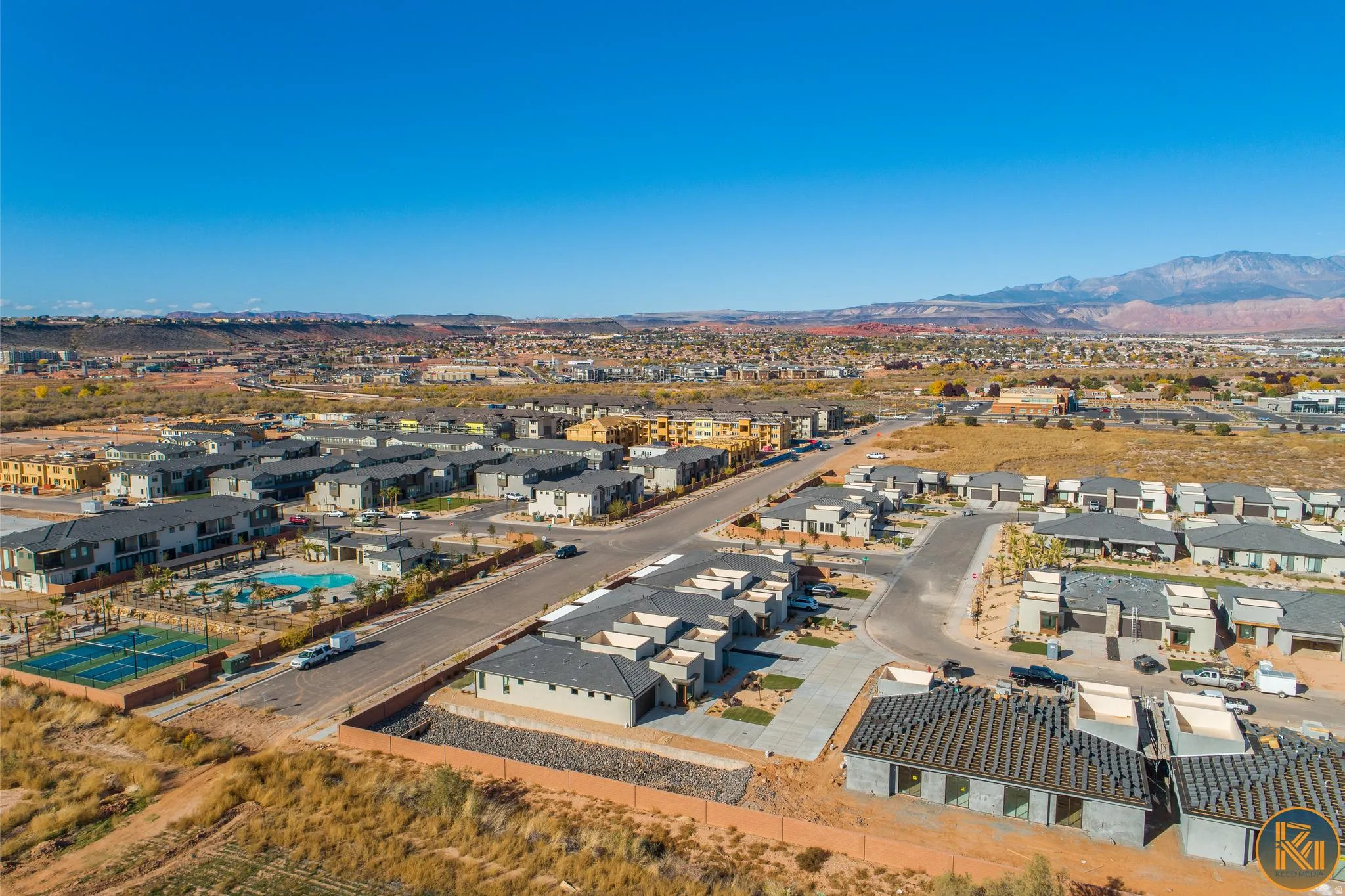 Expansive aerial capture showcasing a residential community with contemporary architecture