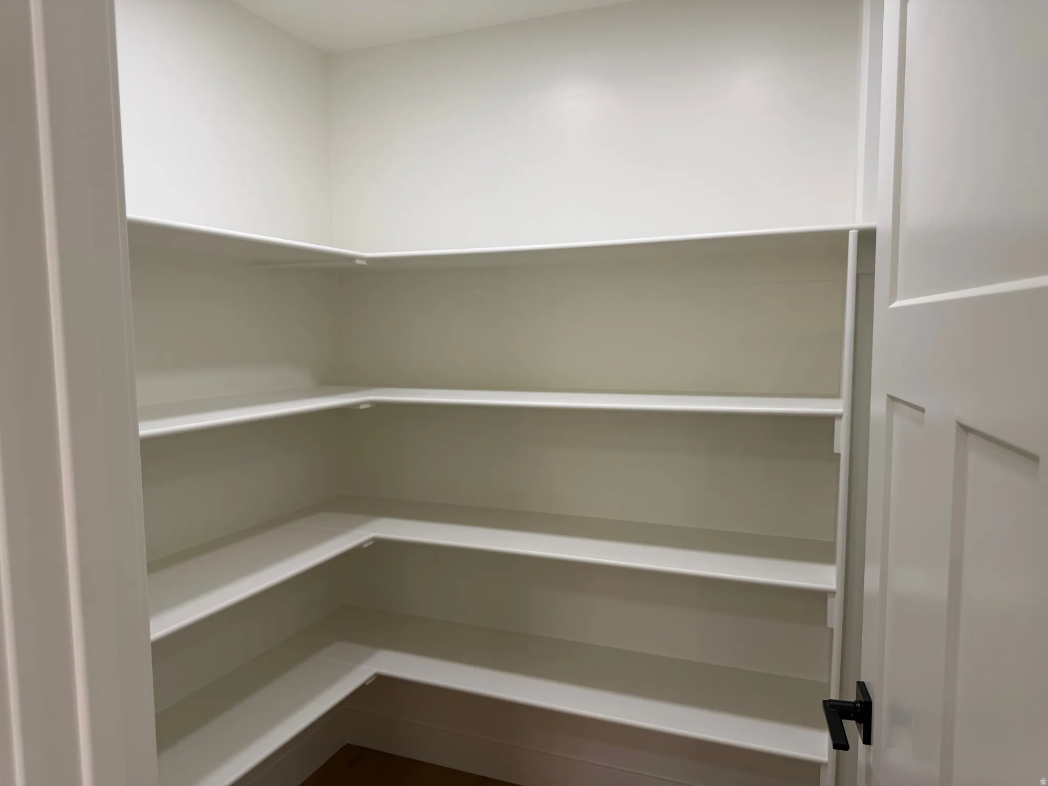 Spacious corner pantry featuring multiple levels of shelving, a white interior finish, and a solid-core door with matte black hardware