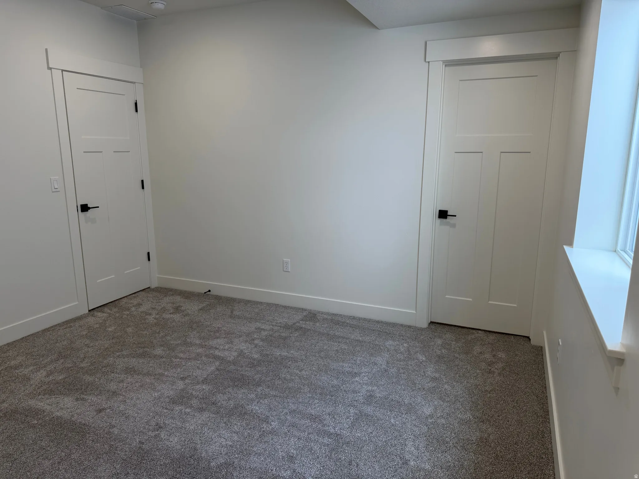 Neutral-toned wall paint and grey carpeting complement two paneled doors with matte black hardware
