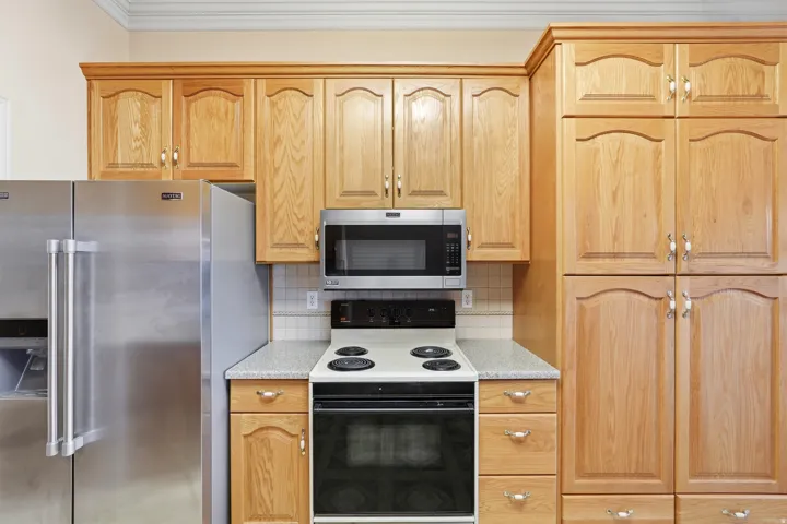 Full kitchen featuring light wood cabinetry, stainless steel appliances, a built-in microwave, a tile backsplash, and light-toned countertops