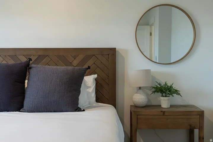 Wood-finish headboard with herringbone pattern