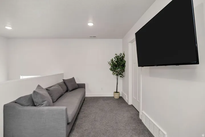 Carpeted upper-level space featuring a wall-mounted display, recessed lighting, and a partial wall overlooking a lower area