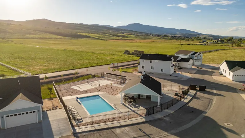 Community swimming pool with surrounding fence