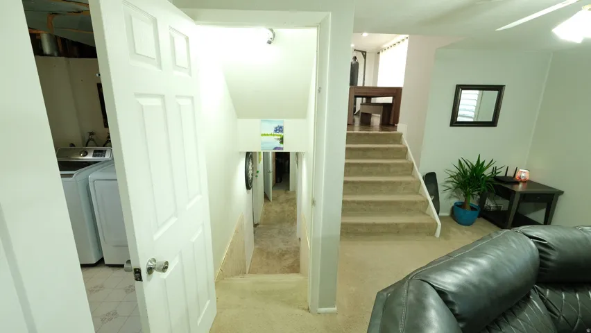 Carpeted stairs leading to an upper level with a partial view of a dining area, alongside a lower level featuring a laundry space with tile flooring