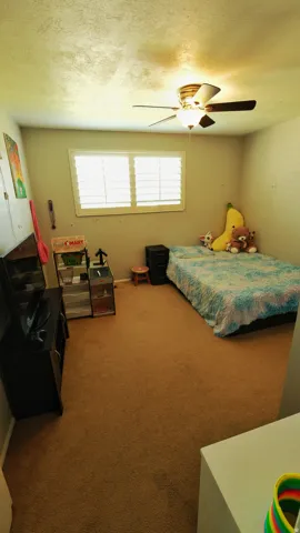 Room featuring a window with white louvered shutters, ceiling fan with light fixture, and brown carpeting