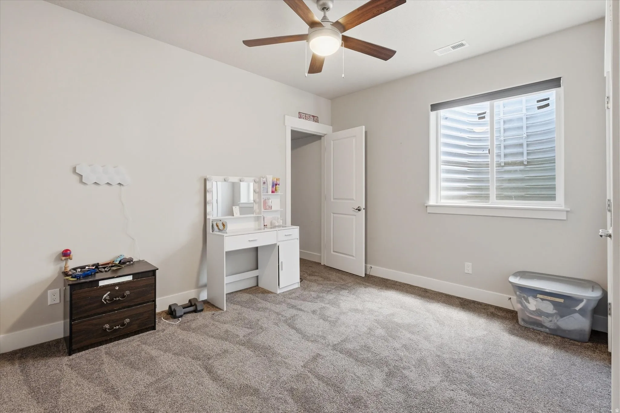 Carpeted interior space featuring a ceiling fan, a single window with a window well, and a white interior door