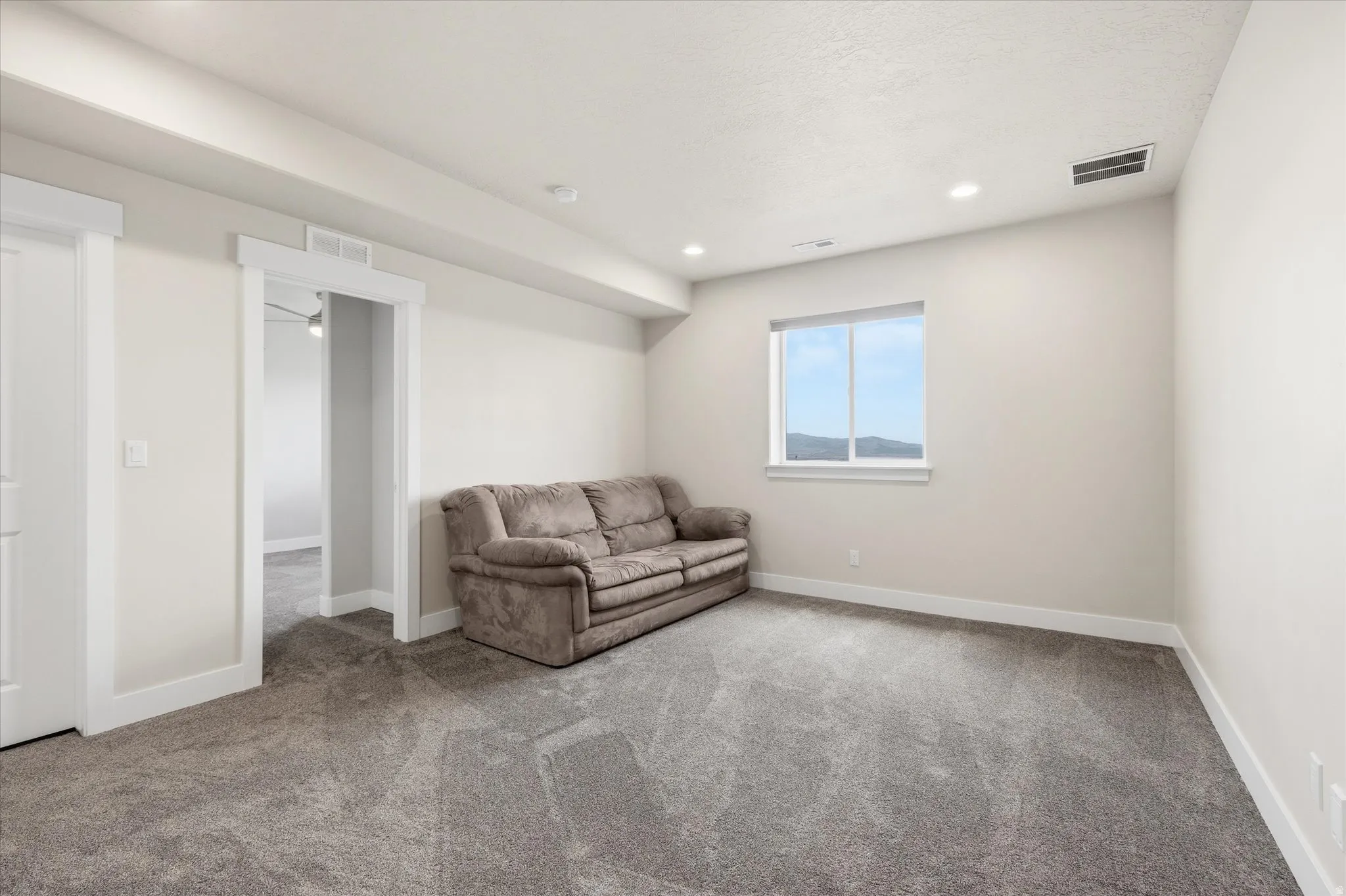Neutral painted walls complement the grey carpeted flooring throughout this space