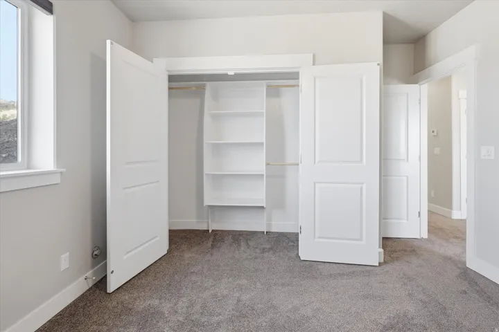 Room featuring neutral gray carpet, white trim, and a window with a dark roller shade