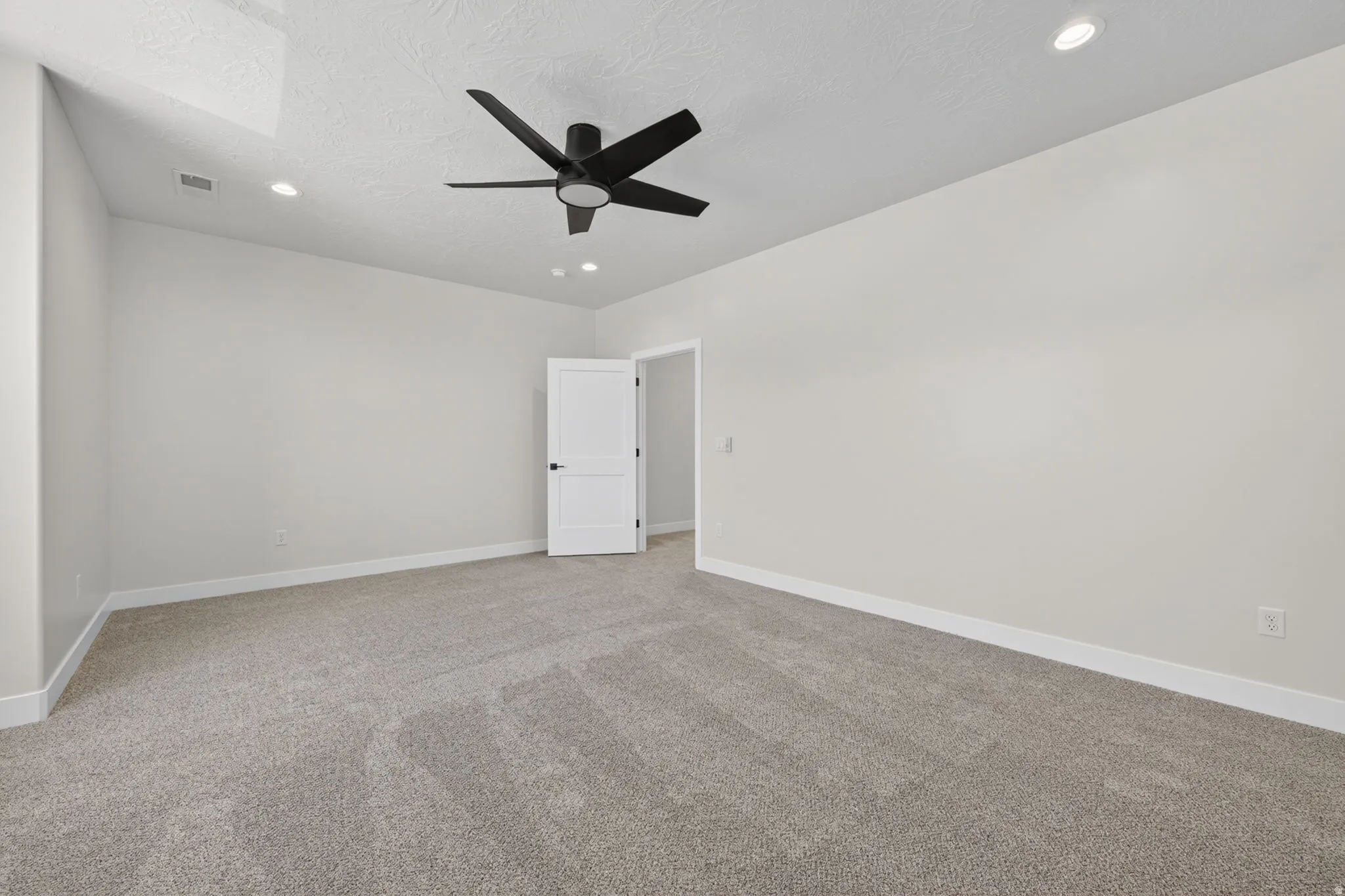 Spacious interior room featuring light gray carpeting and white baseboards