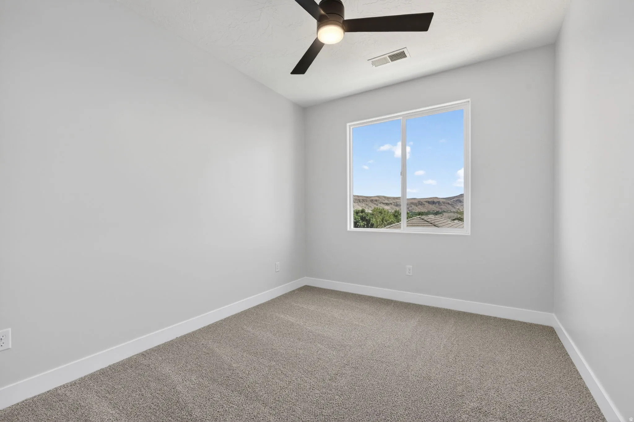 Room with light gray walls and neutral carpet flooring