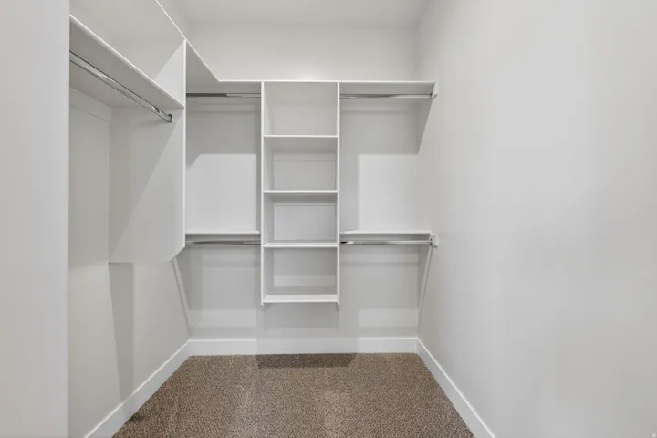 Walk-in closet featuring built-in white shelving, multiple hanging rods, and neutral-toned carpeting