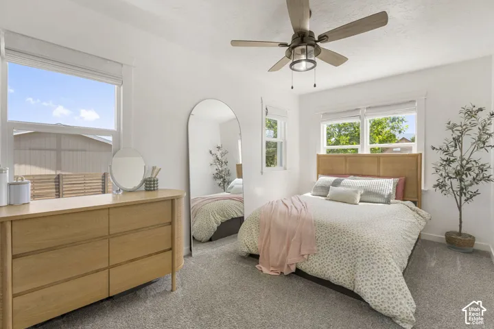 Bright interior space featuring light gray carpeting and white walls