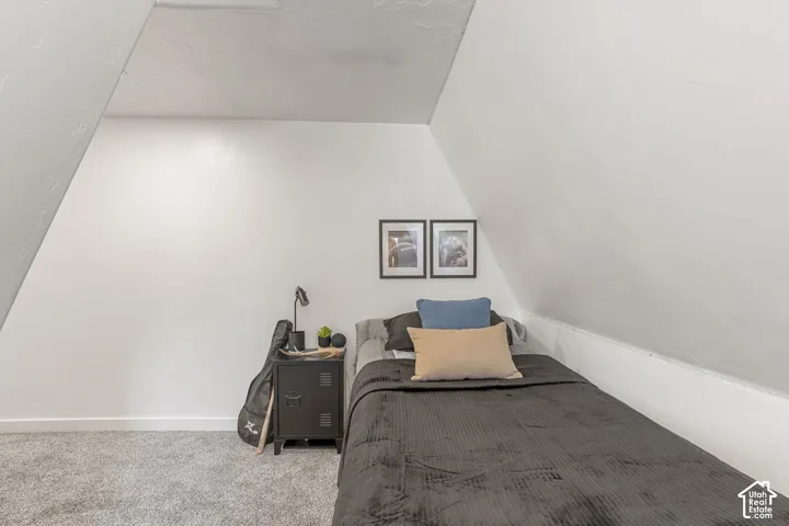 Attic room featuring bright white walls, angled ceiling lines, and plush carpeting
