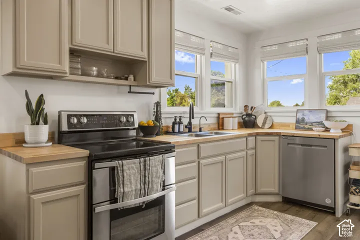 Kitchen featuring light-toned cabinetry, wood-finish countertops, stainless steel appliances, a black faucet, and multiple windows with blinds
