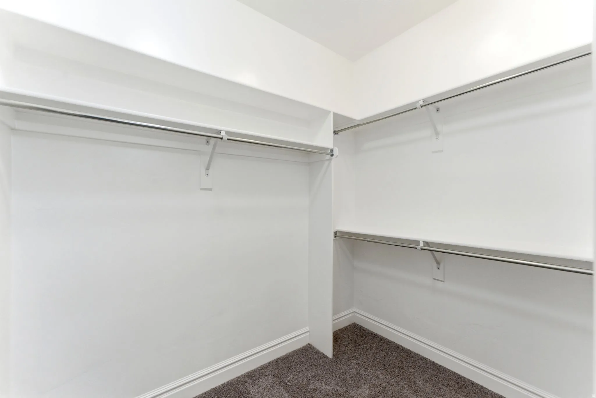 Walk-in closet featuring white painted walls, a textured carpet, multiple chrome hanging rods, and integrated shelving
