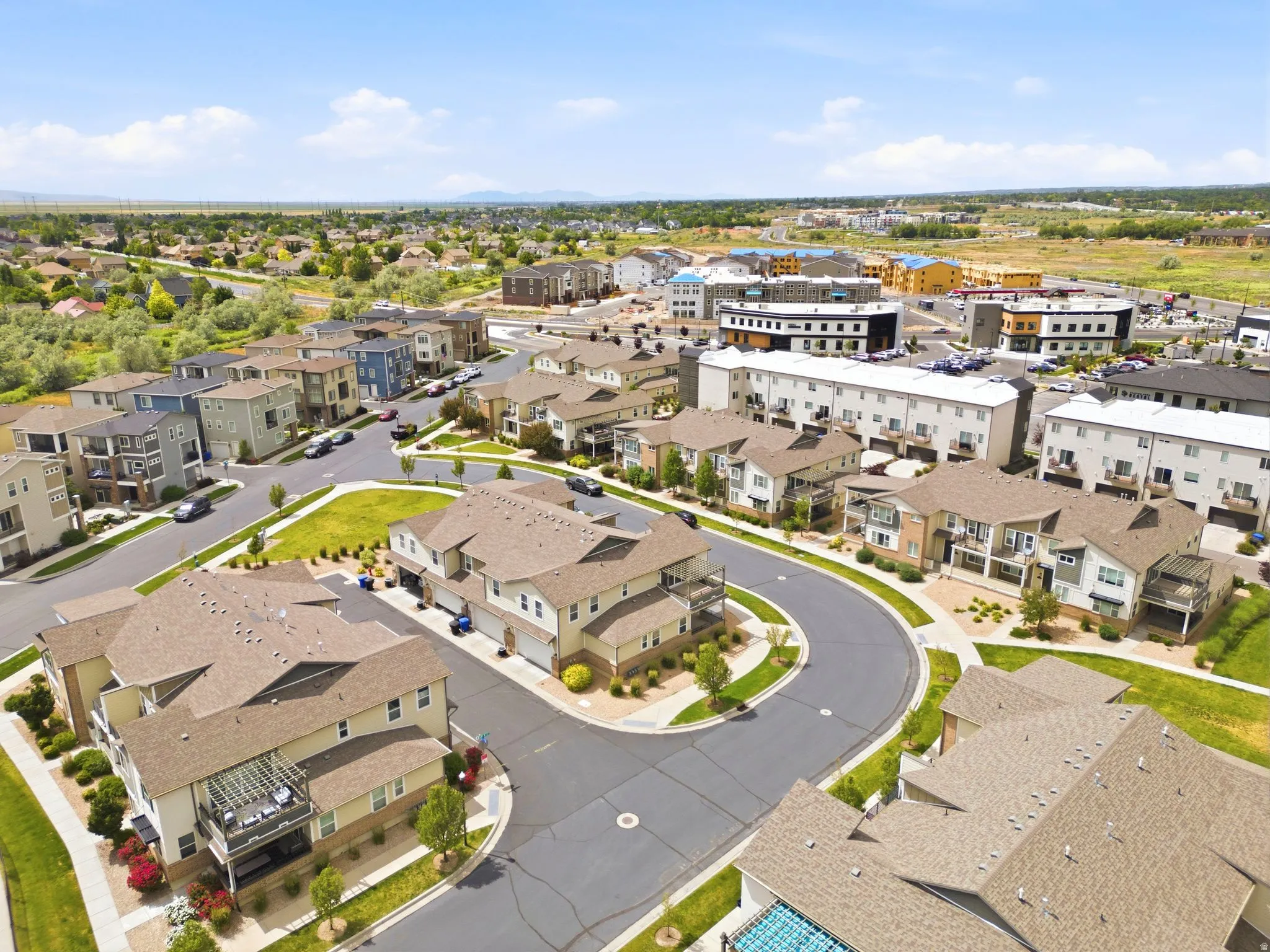 Aerial perspective showcasing a residential community with varied architectural styles